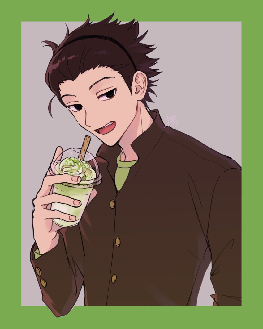 1boy black_eyes black_hair black_hairband black_jacket cup drinking_straw erinan gakuran green_shirt grey_background hair_slicked_back hairband hand_up highres holding holding_cup jacket looking_at_viewer male_focus open_mouth school_uniform shirt short_hair smile solo upper_body world_trigger yoneya_yousuke