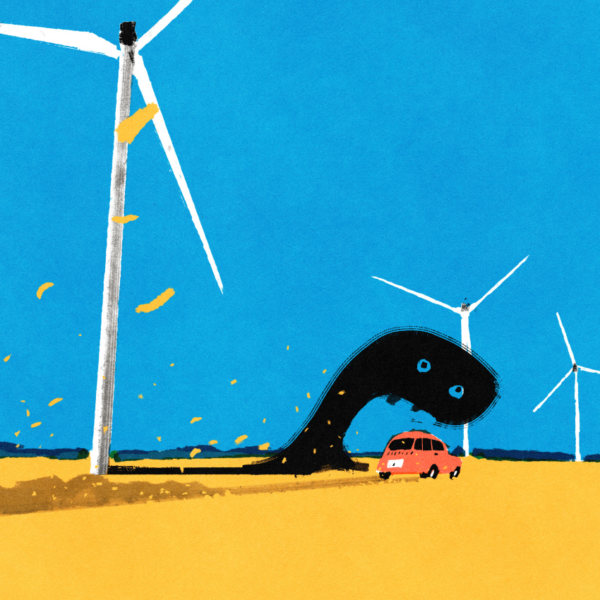 blue_sky car day field highres iida_kento monster motor_vehicle no_humans orange_car original outdoors shadow sky windmill
