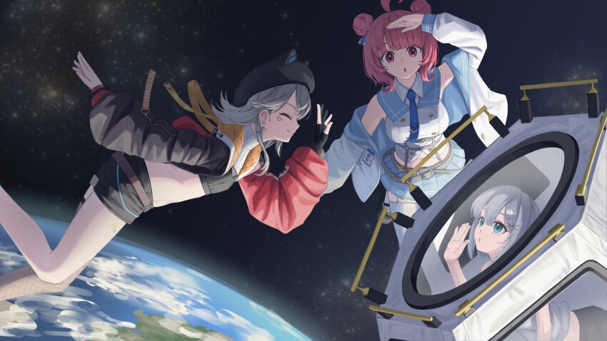 3girls absurdres against_glass ahoge animal_hat bad_anatomy bad_hands bare_shoulders beret black_hat black_shorts blue_eyes blue_necktie blue_skirt buttons cat_hat closed_eyes crop_top double-breasted double-parted_bangs double_bun earth_(planet) facial_mark fishnet_thighhighs fishnets floating gloves grey_hair grey_tank_top hair_between_eyes hair_bun hair_ornament hairpin hat highres huge_ahoge jacket kaga_sumire komori_met komori_met_(5th_costume) long_sleeves medium_hair midriff miniskirt multiple_girls multiple_hairpins navel necktie off_shoulder open_mouth partially_fingerless_gloves planet pleated_skirt puffy_long_sleeves puffy_sleeves red_eyes red_hair sailor_collar salute shirt short_shorts shorts single_thighhigh skirt sleeveless sleeveless_shirt space spacecraft tank_top thighhighs ury virtual_youtuber vspo! waving white_jacket white_thighhighs x_hair_ornament yumeno_akari