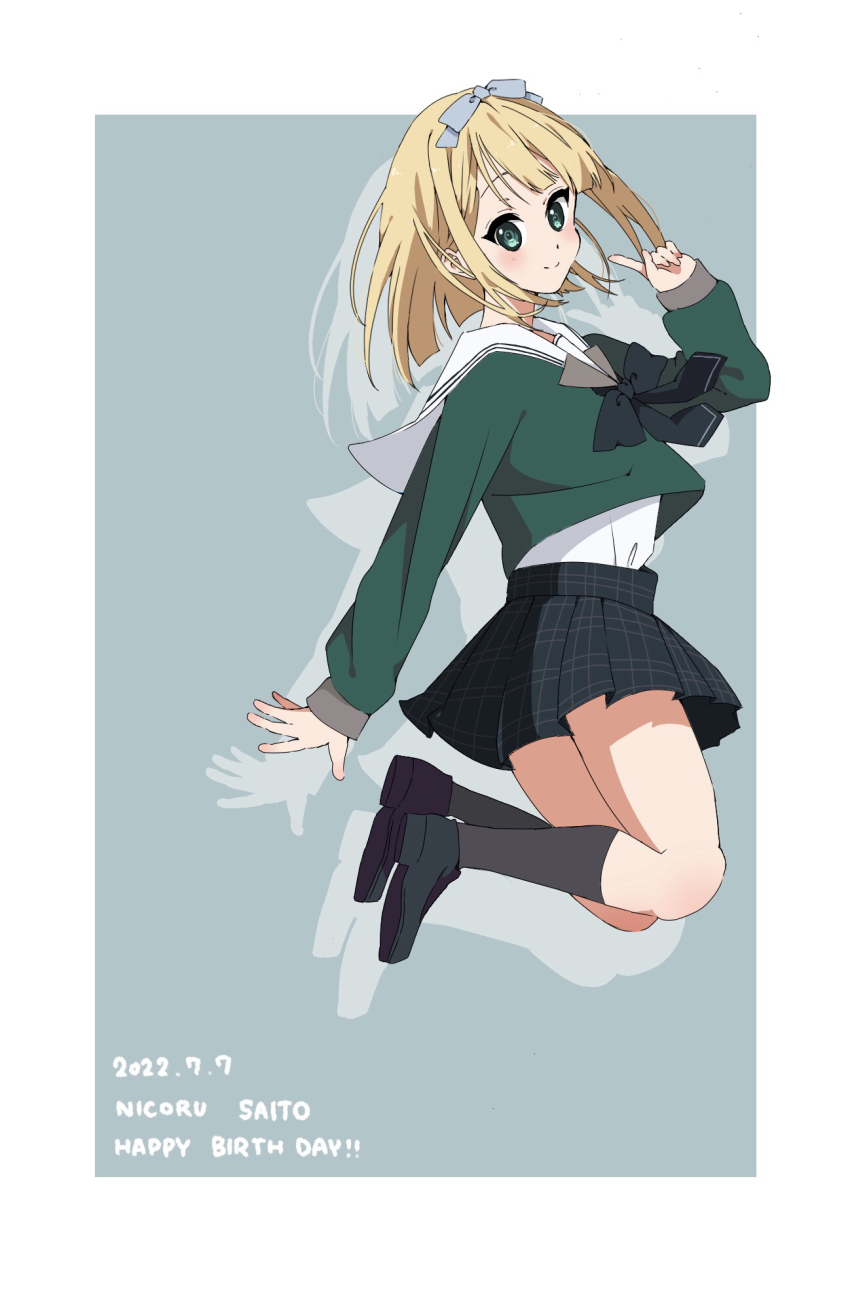 1girl 22/7 black_bow black_bowtie black_shoes black_skirt black_socks blonde_hair blue_bow blue_hairband blush border bow bow_hairband bowtie character_name closed_mouth dated from_side green_background green_eyes green_shirt hair_bow hairband happy_birthday highres index_finger_raised jumping long_sleeves looking_at_viewer looking_to_the_side miniskirt plaid_clothes plaid_skirt pleated_skirt rokubanchou_school_uniform sailor_collar saito_nicole school_uniform serafuku shirt shoes short_hair skirt smile socks solo tanpaku_(oqu_2) white_border white_sailor_collar winter_uniform