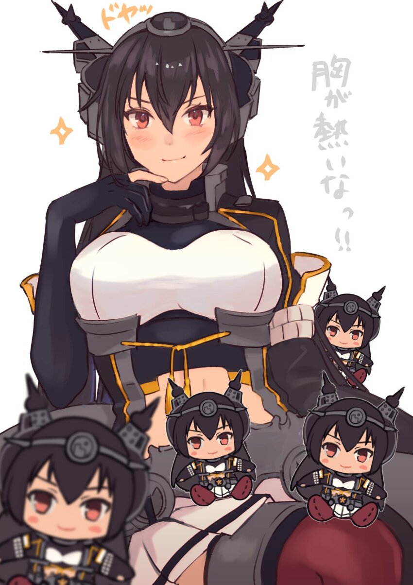 1girl black_gloves black_hair breasts character_doll collar commentary_request elbow_gloves gloves hair_between_eyes headgear highres kantai_collection kasumi_(skchkko) large_breasts long_hair metal_collar nagato_(kancolle) nagato_kai_ni_(kancolle) navel pleated_skirt red_eyes red_thighhighs simple_background sitting skirt solo thighhighs translation_request white_background white_skirt