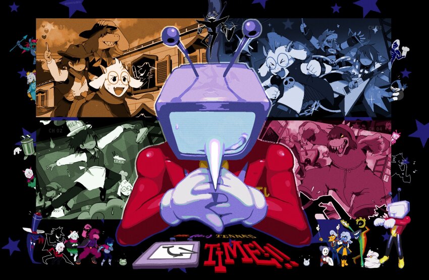 &gt;_&lt; 4girls 6+boys ant_tenna band_(music) bendedede black_background deltarune dinosaur_costume elnina_(deltarune) glasses gloves hat highres holding holding_microphone jacket kris_(dark_world)_(deltarune) kris_(deltarune) lancer_(deltarune) lanino_(deltarune) microphone multiple_boys multiple_girls multiple_views object_head open_mouth pippins_(deltarune) radio_antenna ralsei ramb_(deltarune) red_jacket roaring_knight round_eyewear rouxls_kaard shadowguy_(deltarune) sharp_teeth shuttah_(deltarune) solo_focus spamton_g._spamton star_(symbol) steepled_fingers susie_(dark_world)_(deltarune) susie_(deltarune) sweat teeth television toriel toriel_(dark_world) undyne undyne_(dark_world) white_gloves zapper_(deltarune)