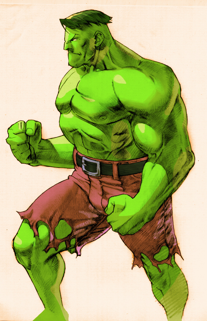 1990s_(style) 1boy 2000 absurdres bengus capcom clenched_hands colored_skin game_cg green_hair green_skin highres hulk male_focus marvel marvel_vs._capcom marvel_vs._capcom_2 muscular muscular_male non-web_source official_art retro_artstyle scan short_hair solo torn_clothes