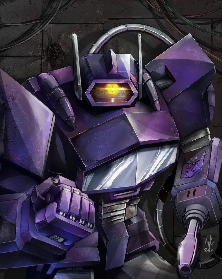 arm_cannon artist_collaboration cable casey_w._coller clenched_hand commentary decepticon english_commentary glowing glowing_eye highres insignia leigh_licorish looking_ahead mecha no_humans one-eyed orange_eyes robot science_fiction shockwave_(transformers) solo transformers weapon