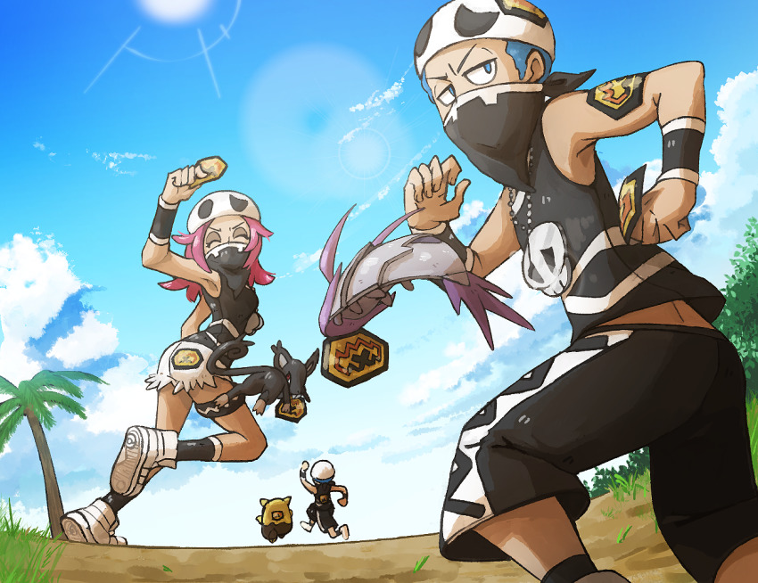 1girl 2boys ^_^ alolan_form alolan_rattata black_shirt blue_eyes blue_hair blue_sky breasts closed_eyes cloud cloudy_sky creature day drowzee facing_viewer gen_1_pokemon gen_7_pokemon grass looking_at_viewer looking_back miu_(miuuu_721) multiple_boys nintendo outdoors pine_tree pink_hair pokemon pokemon_(creature) pokemon_sm running shirt shoes short_shorts shorts sky sleeveless sleeveless_shirt small_breasts team_skull team_skull_grunt team_skull_uniform tree white_footwear white_shorts wimpod wristband