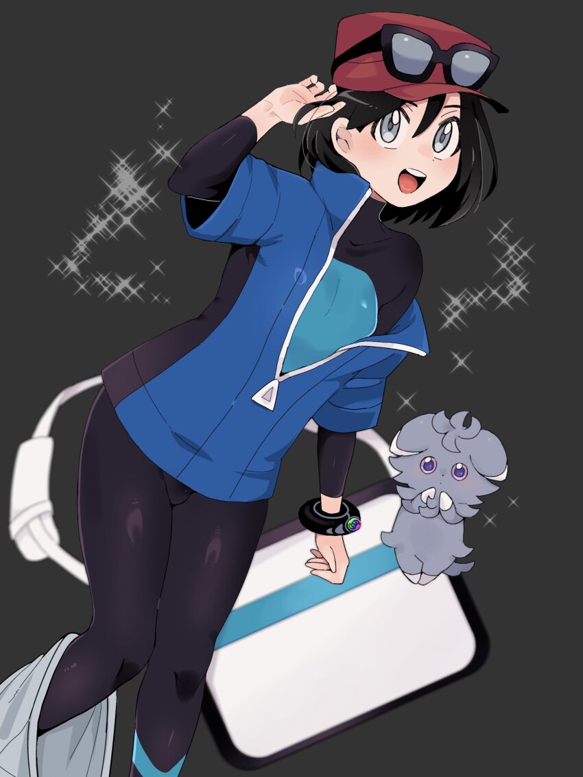 1boy :d bag black-framed_eyewear black_hair blue_jacket bodysuit bodysuit_under_clothes bracelet calem_(pokemon) cosplay espurr eyewear_on_headwear gen_6_pokemon grey_background grey_eyes hair_between_eyes hand_up hat highres jacket jewelry male_focus nate_(pokemon) nate_(pokemon)_(cosplay) nintendo open_mouth pokemon pokemon_(creature) pokemon_bw2 pokemon_xy red_hat sana_(37pisana) smile sparkle sunglasses teeth tongue unworn_bag upper_teeth_only zipper_pull_tab
