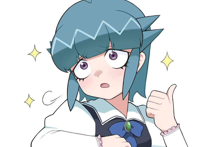 1girl black_vest blue_bow blue_hair bow frilled_sleeves frills highres jewelry keroro_gunsou kohiru_atsuku long_sleeves nishizawa_momoka open_mouth pendant purple_eyes school_uniform shirt short_hair sparkle spiked_hair thumbs_up vest white_background white_shirt