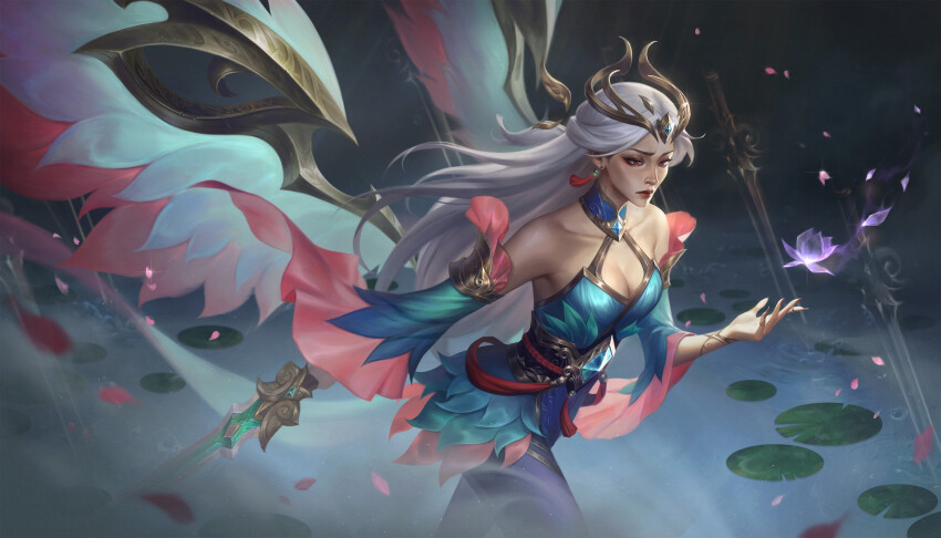 1girl absurdres bare_shoulders blue_dress blue_gemstone blue_pants breasts cleavage corset cowboy_shot crown detached_sleeves diadem dress earrings gem hair_ornament hand_up highres immortal_journey_(league_of_legends) immortal_journey_kayle jewelry kayle_(league_of_legends) kgynh league_of_legends lily_pad long_hair magic medium_breasts outdoors pants red_eyes red_lips red_nails short_dress sleeveless sleeveless_dress solo standing straight_hair tassel tassel_earrings water white_hair wide_sleeves wings