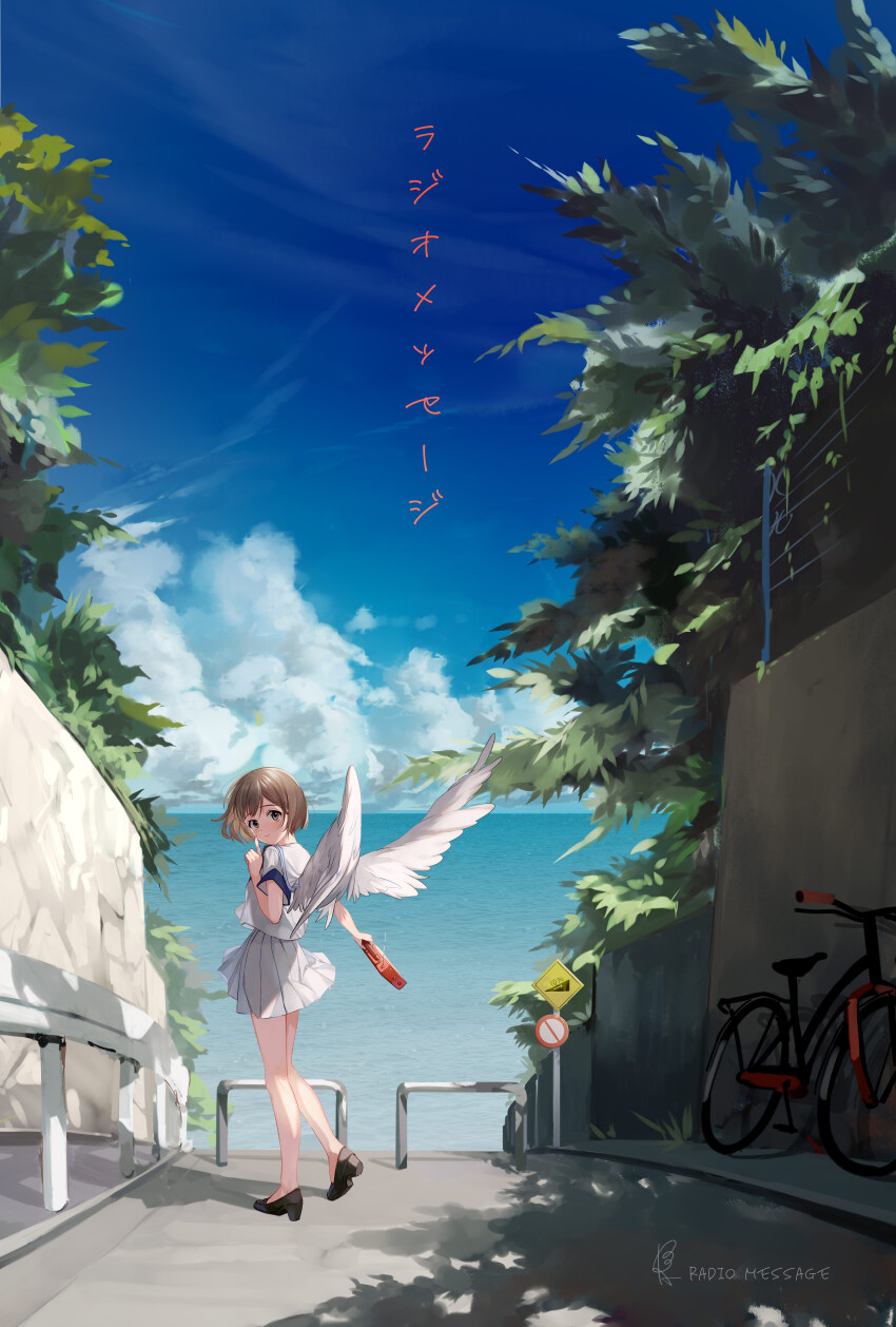 1girl absurdres almic bicycle black_footwear blue_sky brown_eyes brown_hair closed_mouth cloud feathered_wings full_body highres holding_radio leg_up looking_at_viewer looking_back ocean original pleated_skirt road_sign scenery school_uniform serafuku shadow short_sleeves sign skirt sky smile solo standing summer water white_serafuku white_skirt white_wings wings