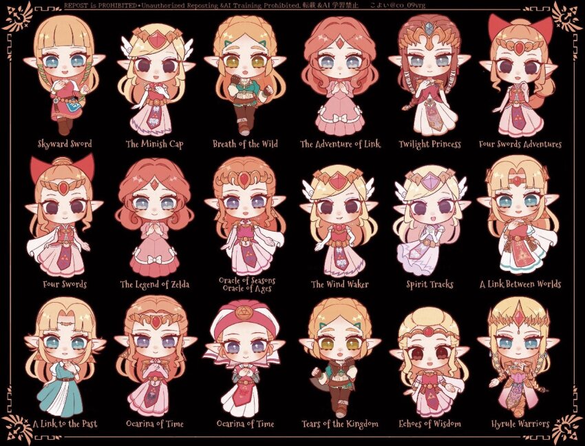 6+girls :d armor black_background black_eyes blonde_hair blue_dress blue_eyes blunt_bangs bow brown_eyes brown_gloves brown_hair chibi chibi_only closed_mouth co_09vrg dress elbow_gloves fingerless_gloves gloves grey_eyes hair_bow hair_tubes hand_on_own_chest hands_on_own_chest hyrule_warriors interlocked_fingers long_hair looking_at_viewer multiple_girls nintendo open_mouth own_hands_clasped own_hands_together pants parted_bangs parted_lips pink_dress pointy_ears princess red_bow red_hair short_hair shoulder_armor smile the_legend_of_zelda the_legend_of_zelda:_a_link_between_worlds the_legend_of_zelda:_a_link_to_the_past the_legend_of_zelda:_breath_of_the_wild the_legend_of_zelda:_echoes_of_wisdom the_legend_of_zelda:_four_swords the_legend_of_zelda:_four_swords_adventures the_legend_of_zelda:_ocarina_of_time the_legend_of_zelda:_oracle_of_ages the_legend_of_zelda:_oracle_of_seasons the_legend_of_zelda:_skyward_sword the_legend_of_zelda:_spirit_tracks the_legend_of_zelda:_tears_of_the_kingdom the_legend_of_zelda:_the_minish_cap the_legend_of_zelda:_the_wind_waker the_legend_of_zelda:_twilight_princess the_legend_of_zelda_(nes) tiara white_gloves zelda_ii:_the_adventure_of_link