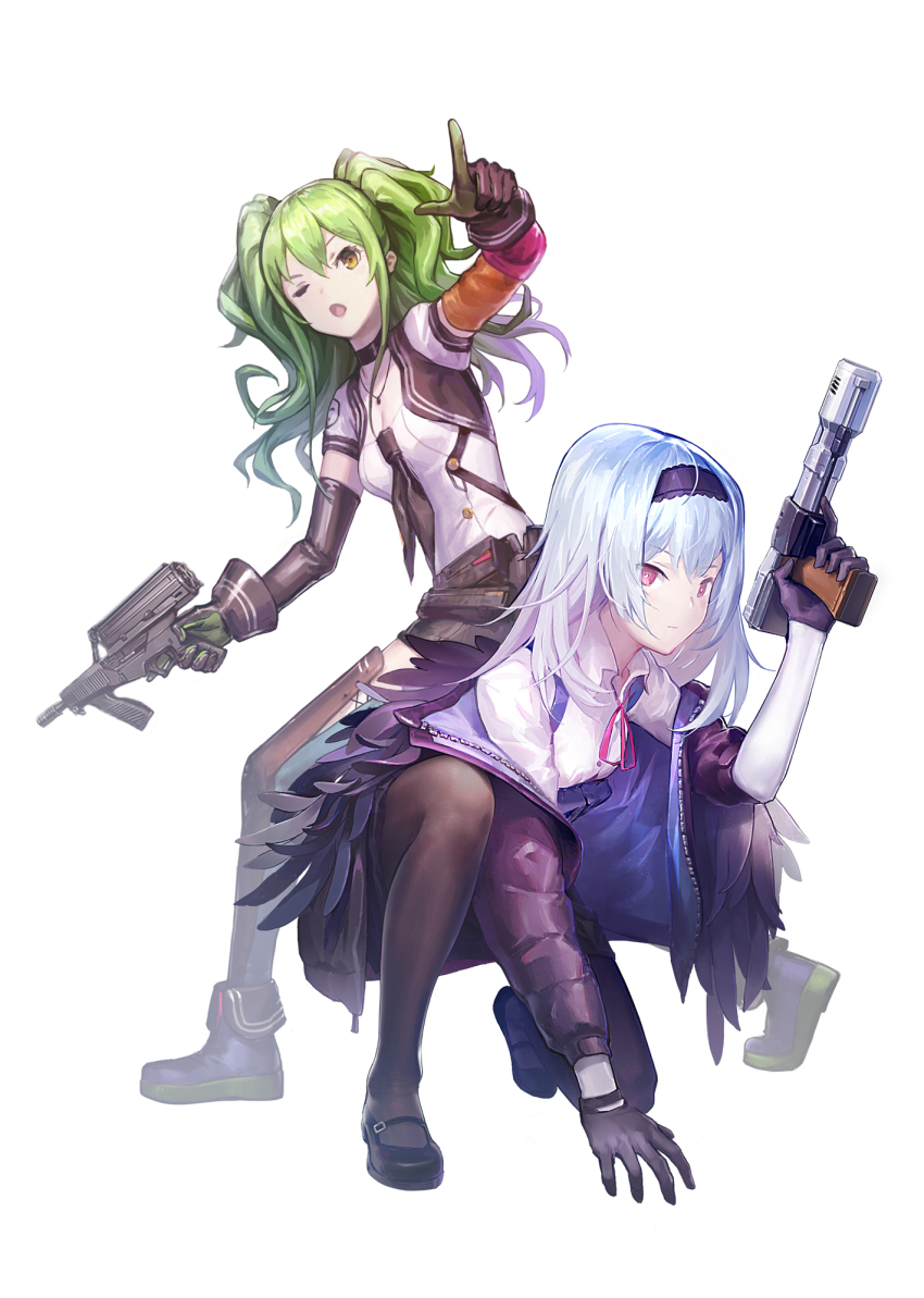 2girls black_pantyhose calico_m950 calico_m950a girls&#039;_frontline gun handgun helical_magazine high-capacity_magazine highres m950a_(girls&#039;_frontline) multiple_girls pantyhose pistol rifle-caliber_handgun rifle-caliber_pistol submachine_gun thighhighs thunder_(girls&#039;_frontline) triple_action_thunder weapon white_background