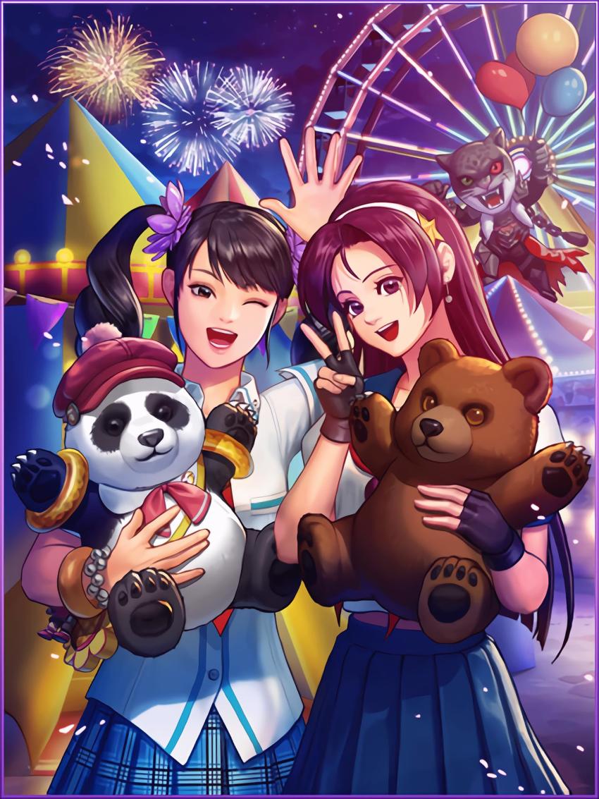 amusement_park armor_king asamiya_athena balloon bracelet cherry_blossoms chibi circus_tent crossover ferris_wheel fireworks gloves hat highres jewelry kuma_(tekken) lights ling_xiaoyu looking_at_viewer namco night night_sky official_art one_eye_closed open_mouth panda_(tekken) stuffed_toy psycho_soldier school_uniform skirt sky snk tekken the_king_of_fighters v victory_pose wink