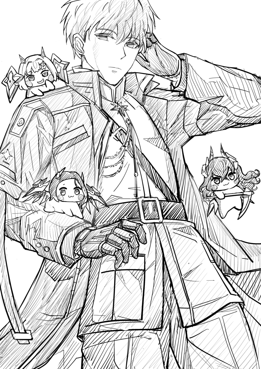 1boy 3girls belt coat detached_wings floating floating_object goddess_of_victory:_nikke greyscale harran_(nikke) highres horns isabel_(nikke) jacket johan_(nikke) mechanical_arms mechanical_horns military_uniform monochrome multiple_girls noah_(nikke) scythe shield short_hair single_mechanical_arm wings yougenko
