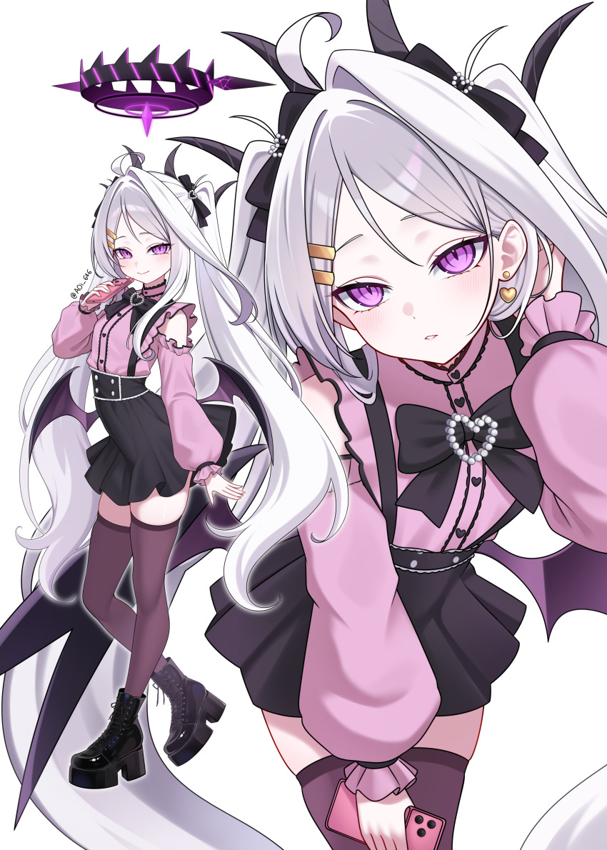 1girl absurdres ahoge aoi_ryo black_halo black_skirt blue_archive blush breasts cellphone demon_girl demon_horns demon_wings full_body halo highres hina_(blue_archive) horns jirai_kei long_hair looking_at_viewer low_wings phone purple_eyes skirt small_breasts smartphone standing twintails very_long_hair white_hair wings