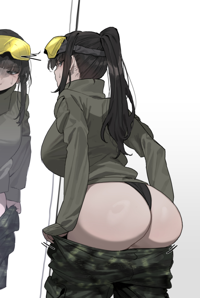 1girl ass black_hair black_panties breasts camouflage camouflage_pants clothes_pull eyewear_on_head highres inconvenient_ass jacket large_breasts long_hair long_sleeves mimyo mirror original panties pants pants_pull ponytail solo turtleneck turtleneck_jacket underwear white_background