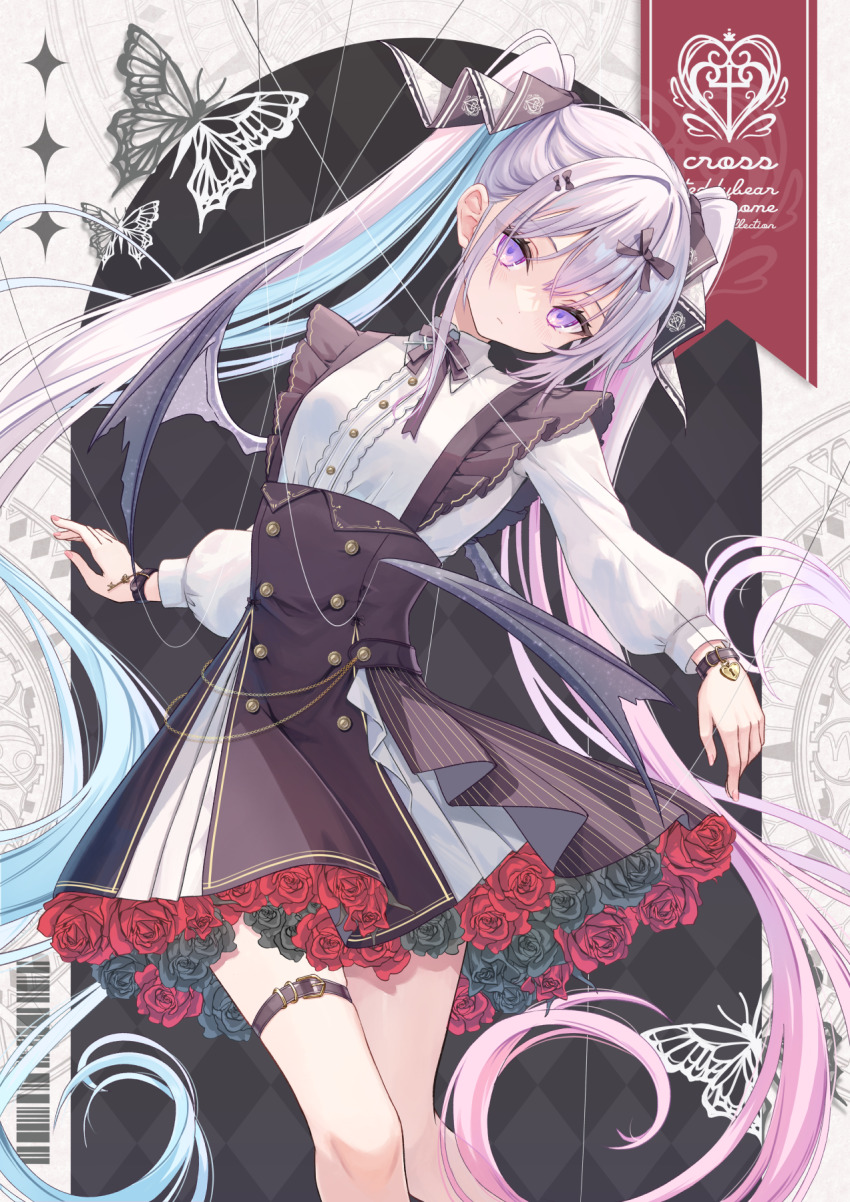 1girl barcode bare_legs belt black_belt black_bow black_dress black_ribbon black_wings blue_hair bow bracelet closed_mouth commentary cross cross_(tina_oekaki) cross_necklace dress feet_out_of_frame flower-trimmed_dress hair_bow hair_ribbon highres jewelry light_blush long_hair long_sleeves looking_at_viewer marionette multicolored_dress multicolored_hair neck_ribbon necklace original pink_hair puppet puppet_strings purple_eyes ribbon solo standing string thigh_belt thigh_strap tina_oekaki twintails very_long_hair white_dress white_hair wings