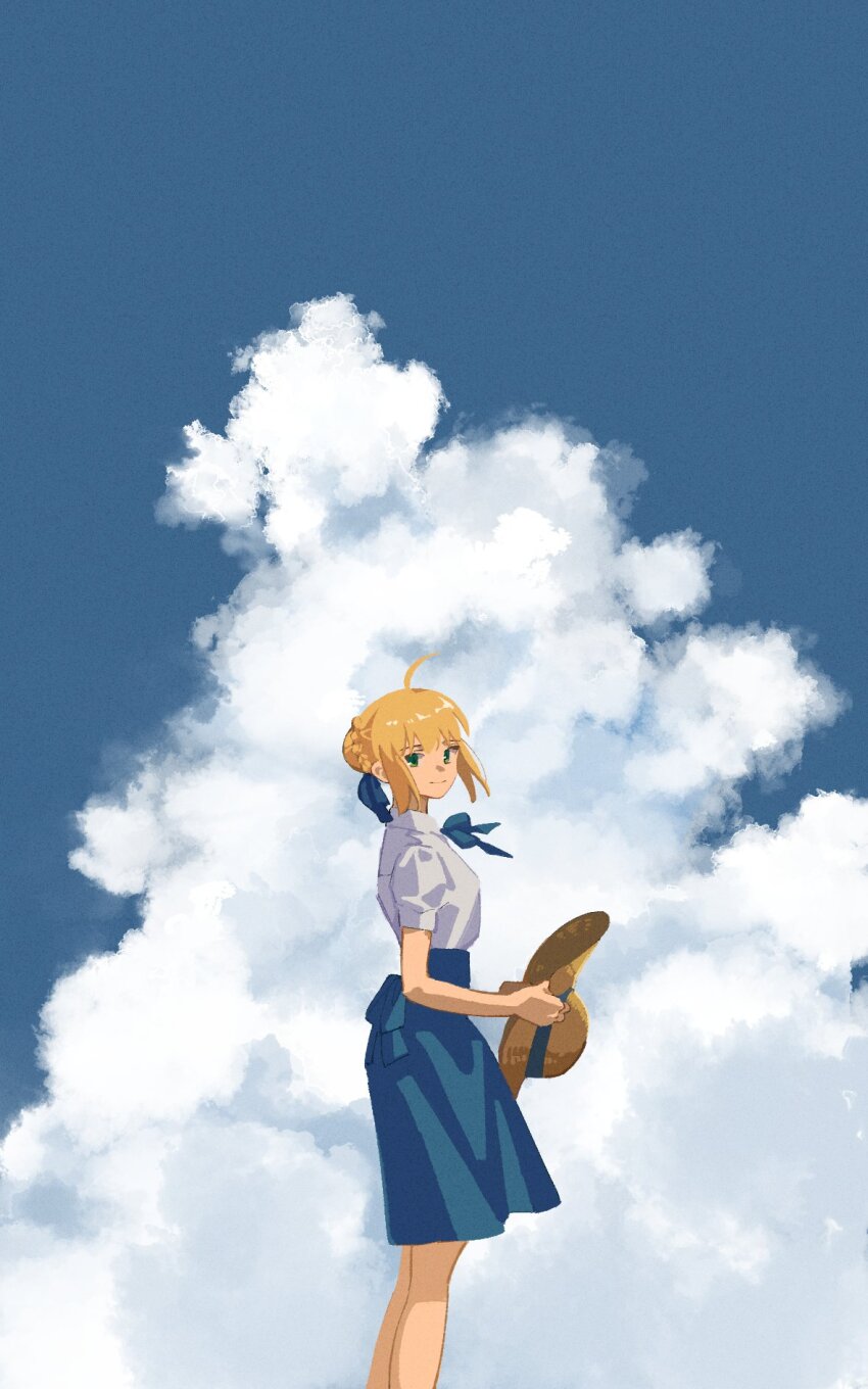 1girl ahoge artoria_pendragon_(fate) bare_legs blonde_hair blue_ribbon blue_skirt blue_sky breasts cloud duck11_rp fate/stay_night fate_(series) feet_out_of_frame green_eyes hat highres holding holding_unworn_clothes holding_unworn_hat light_smile looking_at_viewer looking_to_the_side medium_breasts ribbon saber_(fate) shirt skirt sky solo straw_hat unworn_hat unworn_headwear white_shirt