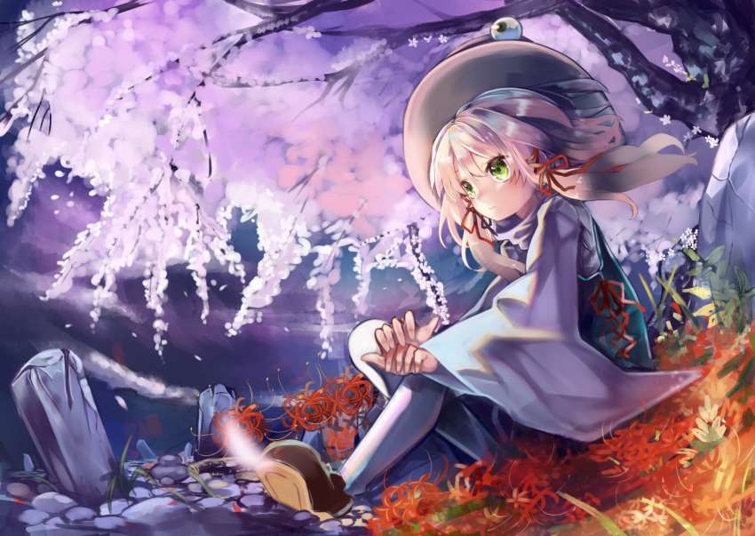 1girl blonde_hair blue_skirt blue_vest brown_shoes cherry_blossoms expressionless female_focus flower green_eyes hair_between_eyes hair_ribbon hat moriya_suwako red_flower red_ribbon ribbon shoes sidelocks sitting skirt solo spider_lily stone syukou touhou vest white_legwear wide_sleeves