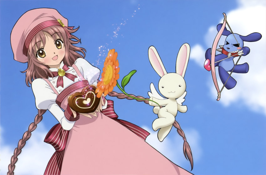 00s 1girl absurdres brown_eyes brown_hair candy chocolate chocolate_heart cloud day dog dress female_focus flower food hanato_kobato hat heart highres ioryogi kobato. long_hair non-web_source open_mouth rabbit sky solo stuffed_animal stuffed_rabbit stuffed_toy twintails very_long_hair