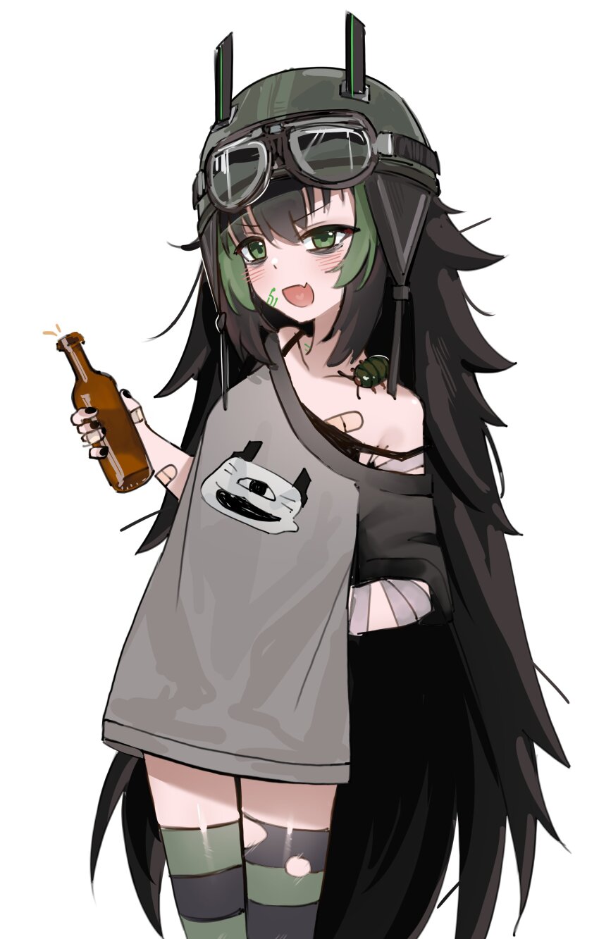 1girl absurdres bandaged_arm bandages bandaid_on_chest beer_bottle black_horns black_thighhighs bottle braid bug commentary elf elfinpsyop english_commentary goggles goggles_on_headwear green_eyes green_hair green_thighhighs grey_shirt helm helmet highres holding holding_bottle horns indie_virtual_youtuber krumroll_(artist) long_hair multicolored_hair open_mouth pointy_ears shirt simple_background solo streaked_hair striped_clothes striped_thighhighs thighhighs torn_clothes torn_thighhighs twin_braids virtual_youtuber white_background