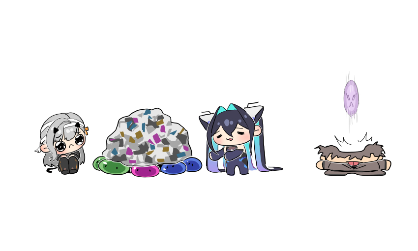 1boy 2girls :3 =_= absurdly_long_hair bandaged_head bandages blue_bodysuit blue_hair bodysuit bubble chibi closed_mouth colored_inner_hair commander_(nikke) commentary cone_hair_bun double_bun english_commentary full_body goddess_of_victory:_nikke grey_hair hair_bun hair_intakes hands_on_own_knees highres holding horns invisible_floor knees_up little_mermaid_(nikke) long_hair mechanical_tail military_uniform modernia_(nikke) multicolored_hair multiple_girls open_mouth outstretched_arms pleading_eyes simple_background sitting standing tail tongue tongue_out twintails very_long_hair wge white_background