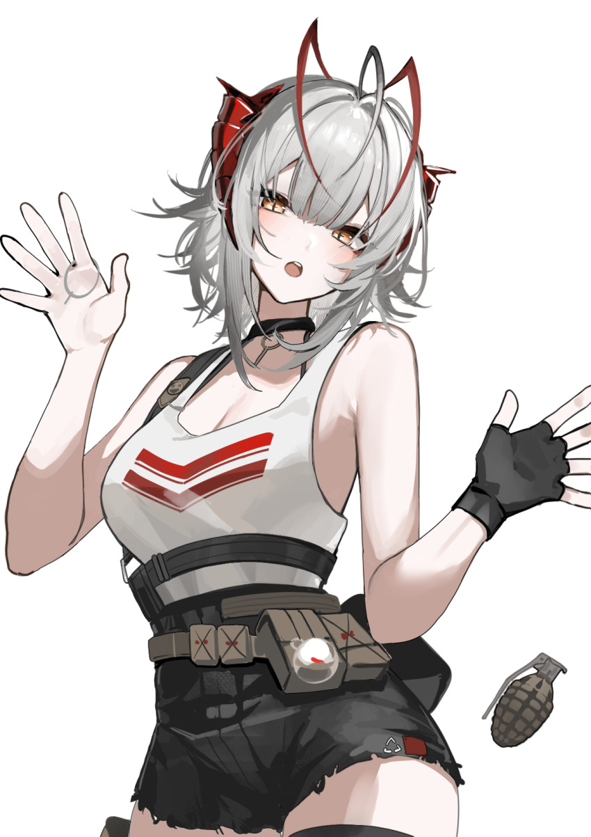 1girl antenna_hair arknights belt_pouch black_choker black_shorts breasts brown_eyes choker cleavage commentary cowboy_shot demon_girl demon_horns explosive fingerless_gloves gloves grenade grenade_pin grey_hair hands_up highres horns looking_at_viewer medium_breasts open_mouth paszuto pouch red_horns shirt short_shorts shorts simple_background single_glove solo teeth upper_teeth_only w_(arknights) white_background white_shirt