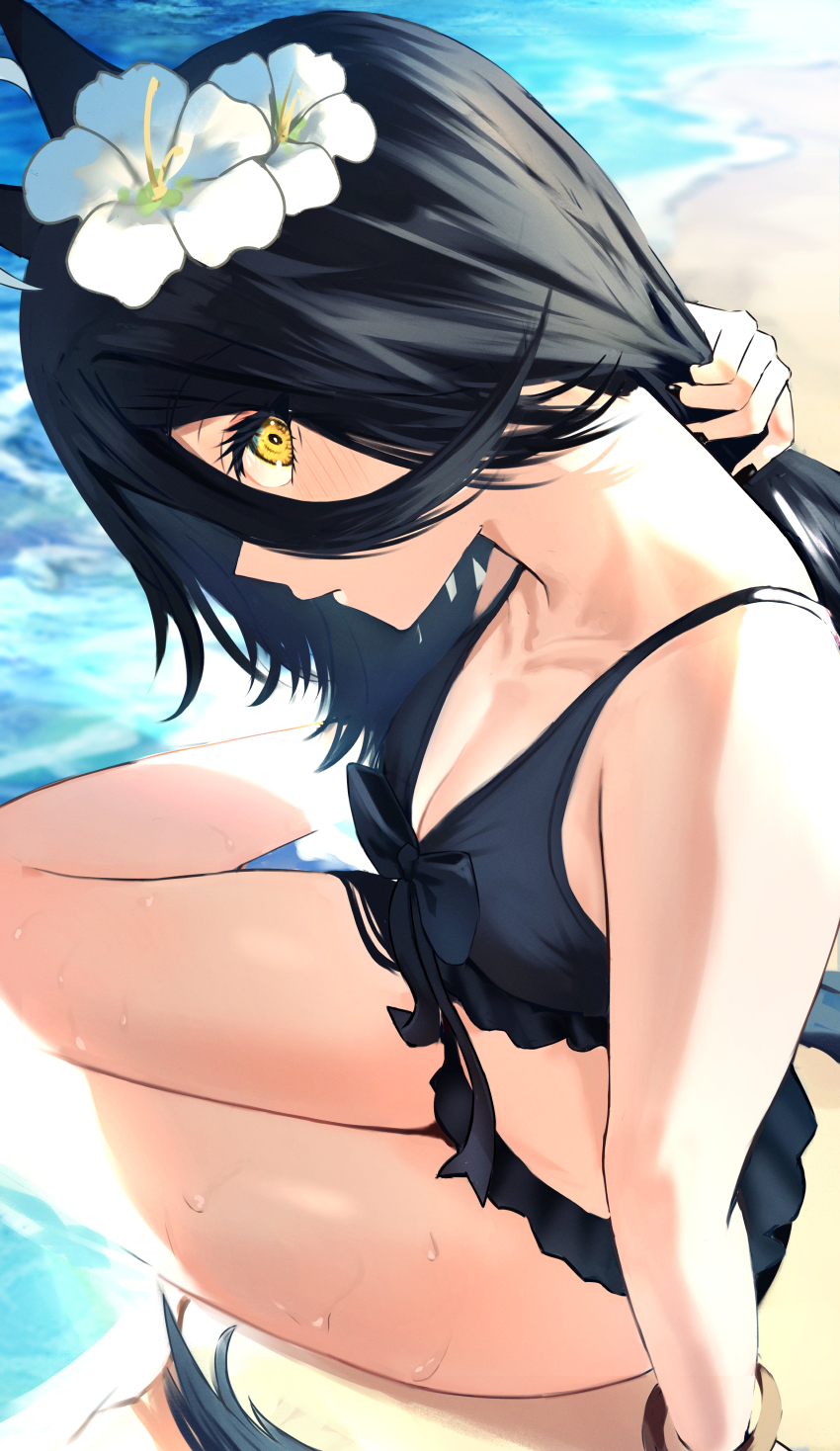 1girl absurdres adjusting_hair animal_ears bare_shoulders beach bikini black_bikini black_bow black_hair black_nails black_tail bow bracelet breasts collarbone day flower frilled_bikini frills grabbing_own_hair hair_between_eyes hair_flower hair_ornament hand_in_own_hair highres holding holding_own_hair horse_ears horse_girl horse_tail jewelry light_blush lily_(flower) long_hair long_hair_between_eyes looking_at_viewer manhattan_cafe_(the_bubbles_that_i_see_with_you)_(umamusume) manhattan_cafe_(umamusume) medium_breasts mushrooming_man nail_polish nape ocean official_alternate_costume outdoors sand sitting solo swimsuit tail thighs umamusume very_long_hair water water_drop wet yellow_eyes