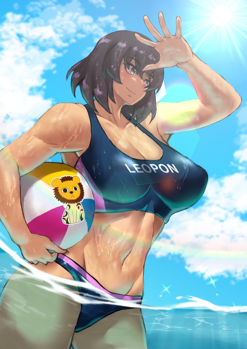 1girl ball beachball bikini black_bikini blue_sky bougainvillea_(unnryuu) breasts cleavage collarbone dark-skinned_female dark_skin day girls_und_panzer green_eyes highres hoshino_(girls_und_panzer) large_breasts lens_flare leopon_(animal) medium_breasts navel ocean outdoors partially_submerged partially_underwater_shot rainbow sky smile solo sun swimsuit toned underwater wading wet
