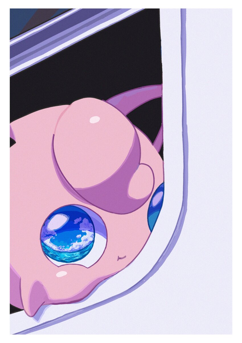 absurdres animal_ears blue_eyes blue_sky cheek_press cloud eye_reflection gen_1_pokemon highres jigglypuff looking_at_viewer looking_outside nintendo open_window pink_fur pokemon pokemon_(creature) pokemon_focus reflection saiku_(zvlku) sky smile window