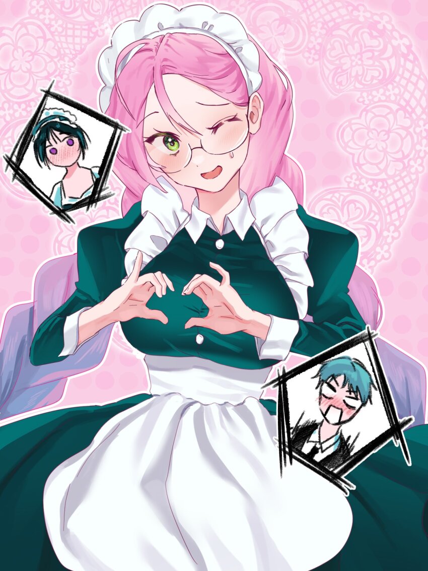 1boy 2girls alien_stage apron bimi10151106 black_dress blank_eyes blue_hair blush braid collar cowboy_shot dress frilled_apron frills glasses gradient_hair green_eyes hashtag-only_commentary heart heart_hands hetero highres jaw_drop juliet_sleeves long_hair long_sleeves looking_to_the_side maid maid_headdress mizi_(alien_stage) multicolored_hair multiple_girls nose_blush official_alternate_costume one_eye_closed open_mouth pink_background pink_hair puffy_sleeves purple_eyes smile sua_(alien_stage) sweatdrop till_(alien_stage) twin_braids two-tone_hair very_long_hair white_apron white_collar white_sleeve_cuffs yuri