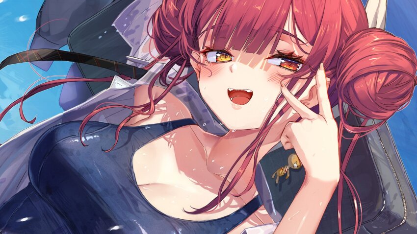 1girl cropped double_bun hair_bun heterochromia highres hololive houshou_marine one-piece_swimsuit red_hair swimsuit v virtual_youtuber