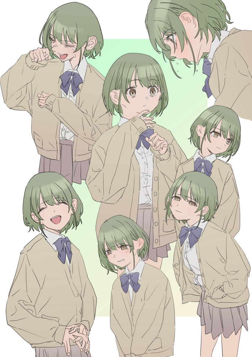 1girl ^_^ absurdres blue_bow blue_bowtie border bow bowtie cardigan closed_eyes commentary crying empty_eyes green_eyes grey_skirt hands_in_pockets highres idolmaster idolmaster_shiny_colors long_sleeves multiple_views naga-agan nanakusa_nichika own_hands_together pleated_skirt school_uniform shirt shirt_tucked_in short_hair skirt teardrop tears white_border white_shirt wide_sleeves yellow_cardigan