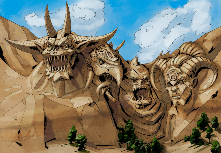 4boys animal_head blue_sky chaos_(warhammer) cloud commentary demon english_commentary heresy highres horns khorne landscape mount_rushmore mountain multiple_boys nose_piercing nurgle open_mouth parody piercing pirolnogolongo sky slaanesh teeth tongue tongue_out tree tzeentch warhammer_40k