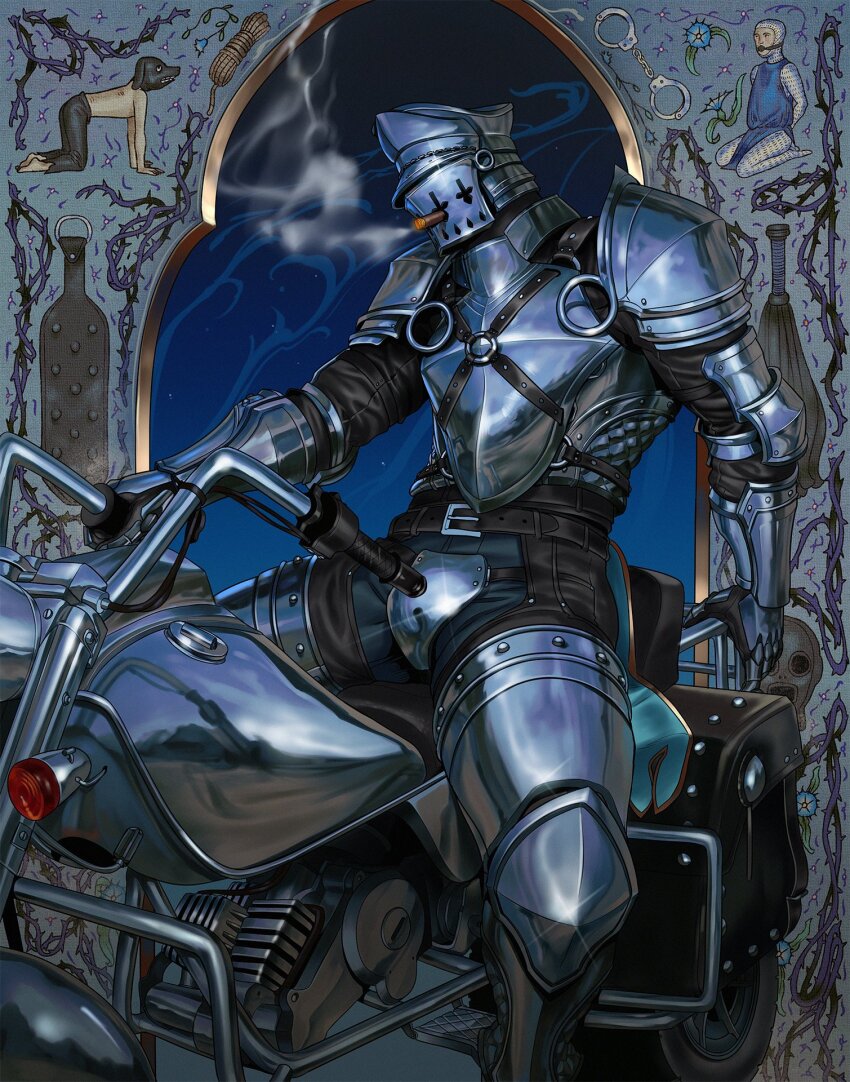1boy all_fours arm_support armor armored_gloves arms_behind_back ball_gag barefoot bdsm belt belt_buckle black_belt black_gloves black_pants black_shirt blue_flower breastplate buckle chainmail chest_harness cigar codpiece commentary cuffs dog_mask english_commentary feet_out_of_frame flogger flower gag gloves handcuffs harness hat helm helmet highres implied_yaoi knight male_focus mask motor_vehicle motorcycle multiple_belts on_motorcycle original oskar_vega paddle pants pauldrons peaked_cap plant rope shirt shoulder_armor sitting smoke smoking solo_focus sparkle spread_legs star_(sky) thorns torn_clothes vines