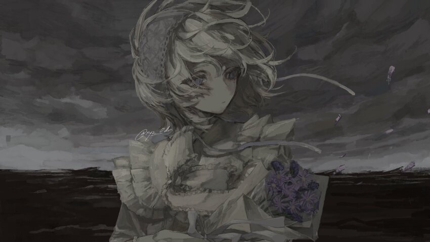 1girl bouquet closed_mouth cloud cloudy_sky dress flower hairband highres holding holding_bouquet looking_to_the_side medium_hair mole mole_under_eye ocean original purple_eyes purple_flower purple_hairband sky solo twitter_username white_dress xyz_0dr