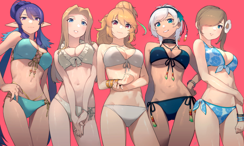 5girls bare_arms bare_legs bikini black_hairband black_ribbon blonde_hair blue_bikini blue_eyes bow bracelet breasts brown_hair cleavage closed_mouth floral_print flower frilled_bikini frills front-tie_bikini_top front-tie_top grin hair_flower hair_ornament hair_over_one_eye hairband hand_on_own_hip highres jewelry judith_(tales) long_hair looking_at_viewer lowleg lowleg_bikini medium_breasts milla_maxwell mint_adenade multi-strapped_bikini multiple_girls navel open_mouth pointy_ears print_bikini purple_hair red_background red_eyes ribbon rondorine_e._effenberg shiny_skin short_hair side-tie_bikini_bottom silver_hair simple_background smile swimsuit tales_of_(series) tales_of_phantasia tales_of_phantasia:_narikiri_dungeon tales_of_phantasia:_narikiri_dungeon_x tales_of_the_abyss tales_of_vesperia tales_of_xillia tear_grants thigh_gap ubo_(ubo_tales) underbite white_bikini white_bow white_flower white_ribbon