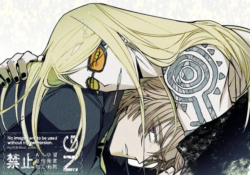 2boys arm_tattoo black_coat blonde_hair bub_action coat daybit_sem_void fate/grand_order fate_(series) long_hair multiple_boys tattoo tezcatlipoca_(fate)