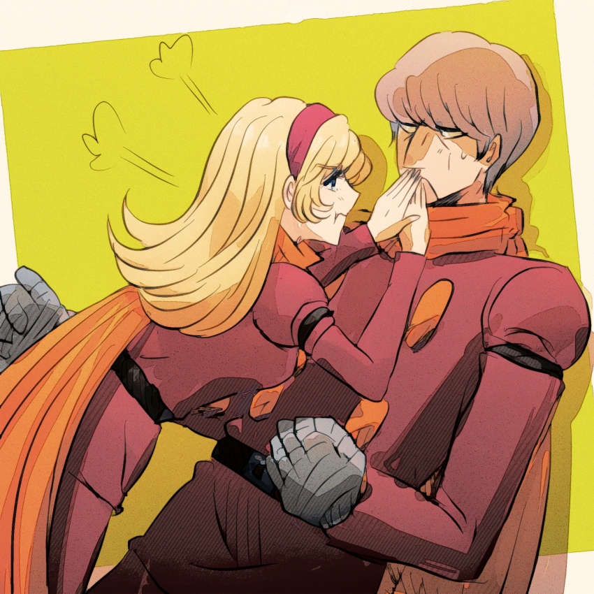 1girl :t albert_heinrich blonde_hair blue_eyes coat covering_another&#039;s_mouth cyborg cyborg_009 francoise_arnoul grey_hair hairband highres long_eyelashes long_hair looking_at_another mechanical_hands pants red_coat red_hairband red_pants sariokisu scarf short_hair yellow_scarf