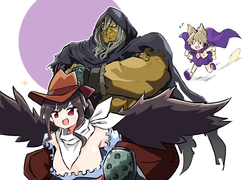 1boy 2girls black_wings brown_hair character_request cloak copyright_request cowboy_hat feathered_wings gurajio hat highres kurokoma_saki multiple_girls muscular muscular_male red_eyes smile touhou toyosatomimi_no_miko wings
