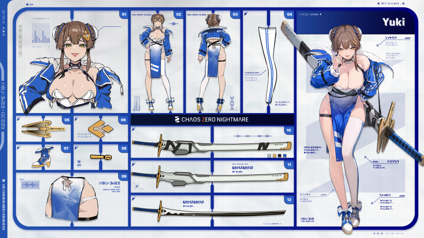1girl arm_up armpits ass bare_shoulders black_choker blue_dress blue_jacket braid braided_bun breasts brown_hair bun_cover chaos_zero_nightmare choker cleavage concept_art covered_navel cropped_jacket double_bun dress gradient_clothes gradient_dress hair_bun hair_ornament hand_on_own_cheek hand_on_own_face highres huge_weapon jacket large_breasts looking_at_viewer mole mole_on_ass mole_on_breast mole_under_mouth multiple_views naughty_face off_shoulder official_art open_clothes open_jacket open_mouth panties panty_straps pelvic_curtain piercing short_hair_with_long_locks single_thighhigh skindentation smile solo strapless strapless_dress sword thigh_strap thighhighs thighs tongue tongue_out tongue_piercing underwear weapon white_panties yellow_eyes yuki_(chaos_zero_nightmare)