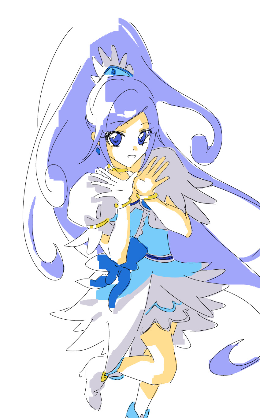 1girl absurdres blue_dress blue_eyes blue_hair boots bracelet cure_diamond curly_hair diamond_earrings dokidoki!_precure dot_nose dress earrings eyelashes feather-trimmed_dress feather-trimmed_sleeves feiyuqiqizhi foot_out_of_frame gold_bracelet grey_dress grey_skirt hands_up happy high_heel_boots high_heels high_ponytail highres hishikawa_rikka jewelry leg_up long_hair magical_girl miniskirt open_mouth ponytail precure puffy_short_sleeves puffy_sleeves short_sleeves simple_background skirt skirt_under_dress smile solo standing two-tone_dress very_long_hair white_background white_boots