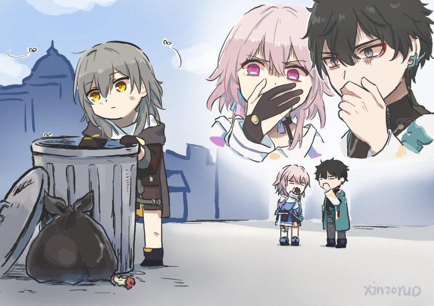 1boy 2girls black_gloves black_hair black_jacket black_pants black_shorts blue_skirt blue_sky chibi chinese_commentary city coat commentary_request covering_nose dan_heng_(honkai:_star_rail) dan_heng_(hunt)_(honkai:_star_rail) day dirty dirty_face earrings gloves green_coat green_eyes grey_hair honkai:_star_rail honkai_(series) jacket jewelry march_7th_(honkai:_star_rail) march_7th_(preservation)_(honkai:_star_rail) multiple_girls outdoors pants pink_eyes shirt shorts skirt sky stelle_(honkai:_star_rail) tied_jacket trailblazer_(honkai:_star_rail) trash_bag trash_can white_shirt xinzoruo yellow_eyes