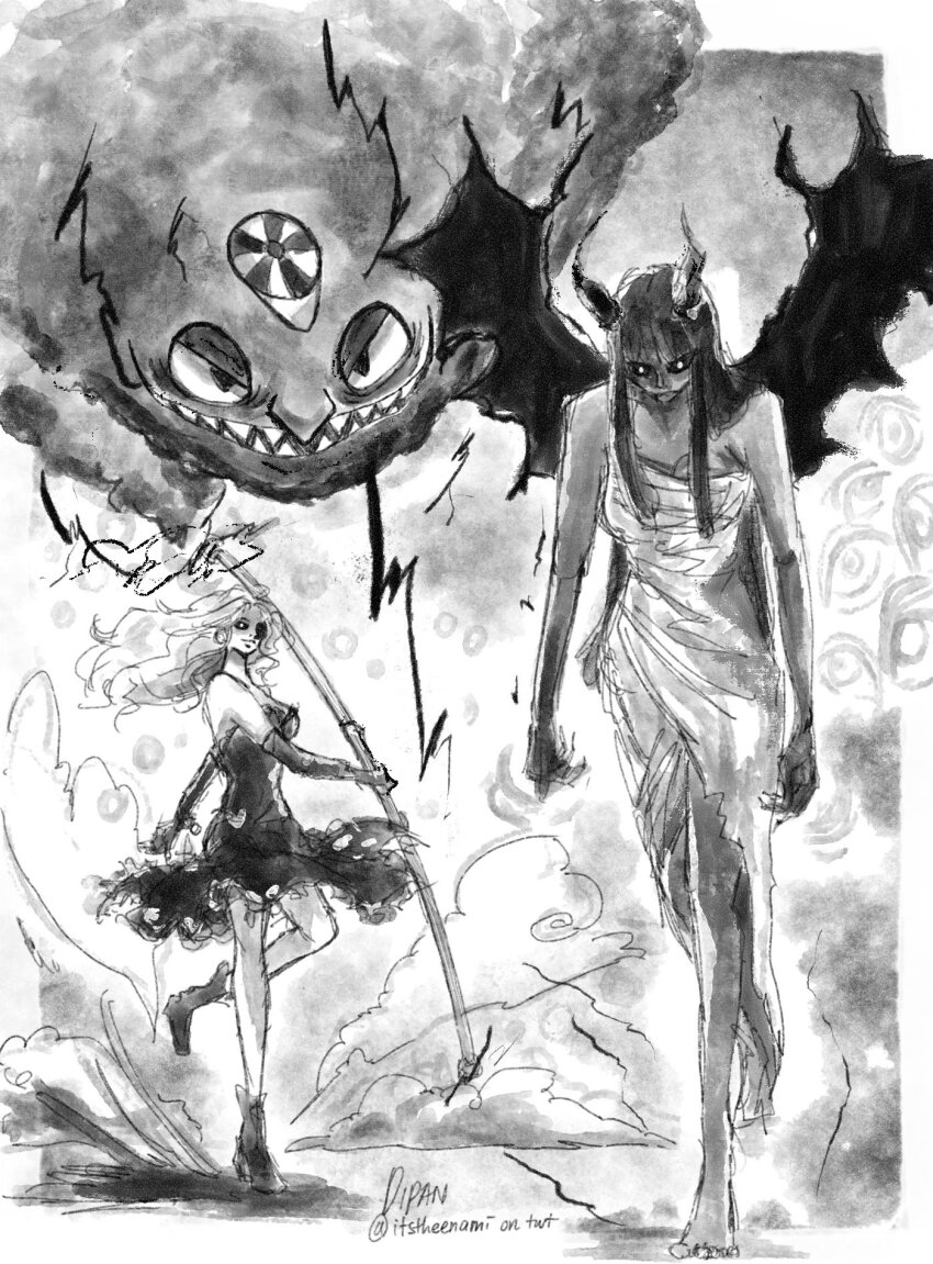 1other 2girls boots cloud commentary demon_girl demonio_fleur dress elbow_gloves electricity english_commentary evil_smile full_body gloves greyscale hana_hana_no_mi hat highres holding holding_staff horns itstheenami long_hair monochrome multiple_girls nami_(one_piece) nico_robin one_piece sharp_teeth sidelocks signature smile staff standing standing_on_one_leg strapless strapless_dress teeth twitter_username wings zeus_(one_piece)