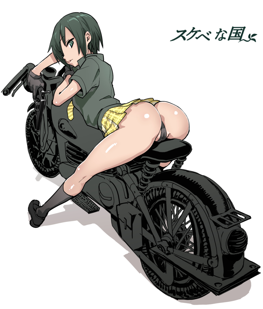 1girl ass black_hair brough_superior cameltoe commentary gloves gun handgun hermes_(kino_no_tabi) highres holding holding_gun holding_weapon kino_(kino_no_tabi) kino_no_tabi miniskirt motor_vehicle motorcycle necktie on_motorcycle panties partially_visible_vulva pistol revolver short_hair skirt thong translated underwear vaginal_sticker velzhe weapon