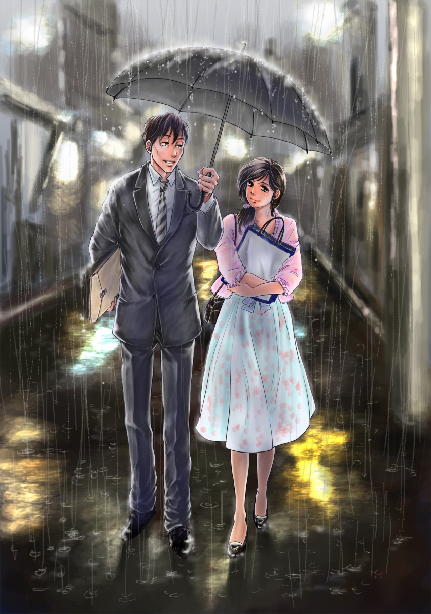 1boy 1girl absurdres back_hair bag black_footwear black_pants black_suit black_umbrella blurry blurry_background brown_eyes dress envelope formal_clothes hair_ornament hair_scrunchie handbag hetero highres holding holding_bag kawamoto_akari manila_envelope necktie outdoors pants rain sangatsu_no_lion scrunchie shared_umbrella shimada_kai_(sangatsu_no_lion) shirt short_hair show.s smile suit umbrella walking white_dress white_shirt