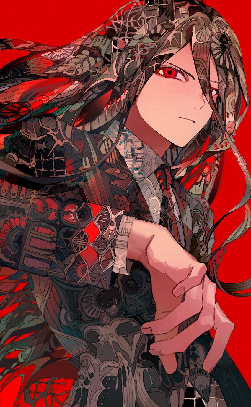 1boy absurdres black_hair black_jacket black_necktie black_suit closed_mouth collared_shirt danganronpa_(series) danganronpa_2:_goodbye_despair expressionless formal_clothes grey_shirt hair_between_eyes highres jacket kamukura_izuru long_hair long_sleeves looking_at_viewer male_focus messy_hair necktie patterned_clothing patterned_hair red_background red_eyes serious shirt simple_background solo suit upper_body yadu_nadu
