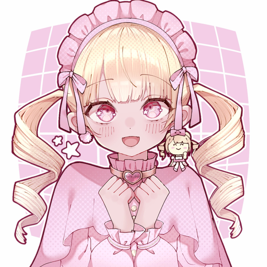 1girl blonde_hair blunt_bangs border bow capelet chibi_on_shoulder clenched_hands closed_eyes commentary_request dragon_quest dragon_quest_x drill_hair dual_persona earrings fangs heart highres humanization jewelry long_sleeves looking_up maid_headdress nikon_(user_aznh7528) open_mouth pink_bow pink_capelet pink_eyes pink_headdress pink_shirt puklipo shirt star_(symbol) twin_drills twintails twitter_username upper_body white_border