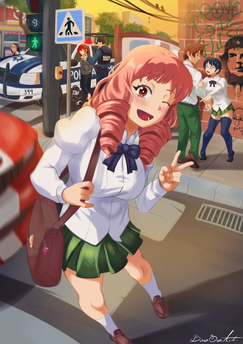 3boys 4girls absurdres arrest artist_name bag blue_eyes blue_hair blue_thighhighs blush brown_eyes brown_hair buransan car che_guevara crewmate_(among_us) crosswalk dragon_ball drill_hair graffiti green_pants green_skirt hakamichi_shizune highres ibarazaki_emi imminent_death katawa_shoujo long_hair mikado_shiina motor_vehicle multiple_boys multiple_girls nakai_hisao oxxo_(store) pants pink_hair pointing police red_hair school_bag school_uniform short_hair skirt sleeves_tied_together smile son_goku spray_paint tezuka_rin thighhighs v yamaku_high_school_uniform