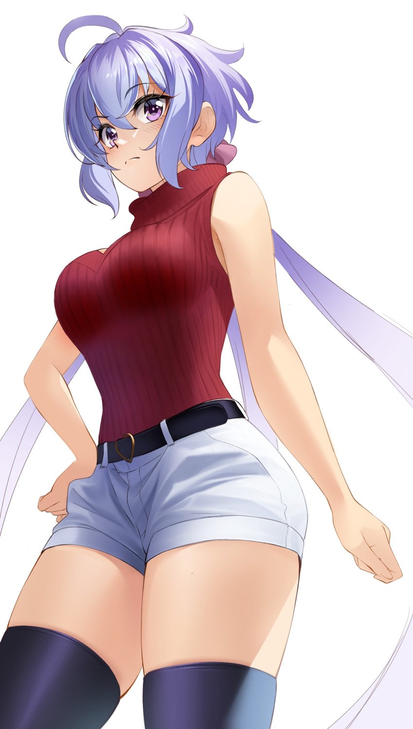 1girl absurdres ahoge bare_arms belt belt_buckle black_belt black_thighhighs breasts buckle closed_mouth cowboy_shot floating_hair frown hair_between_eyes hand_on_own_hip highres large_breasts long_hair nyanmaru purple_eyes red_sweater ribbed_sweater senki_zesshou_symphogear short_shorts shorts silver_hair simple_background skindentation sleeveless sleeveless_sweater solo standing sweater thighhighs turtleneck turtleneck_sweater very_long_hair white_background white_shorts yukine_chris zettai_ryouiki
