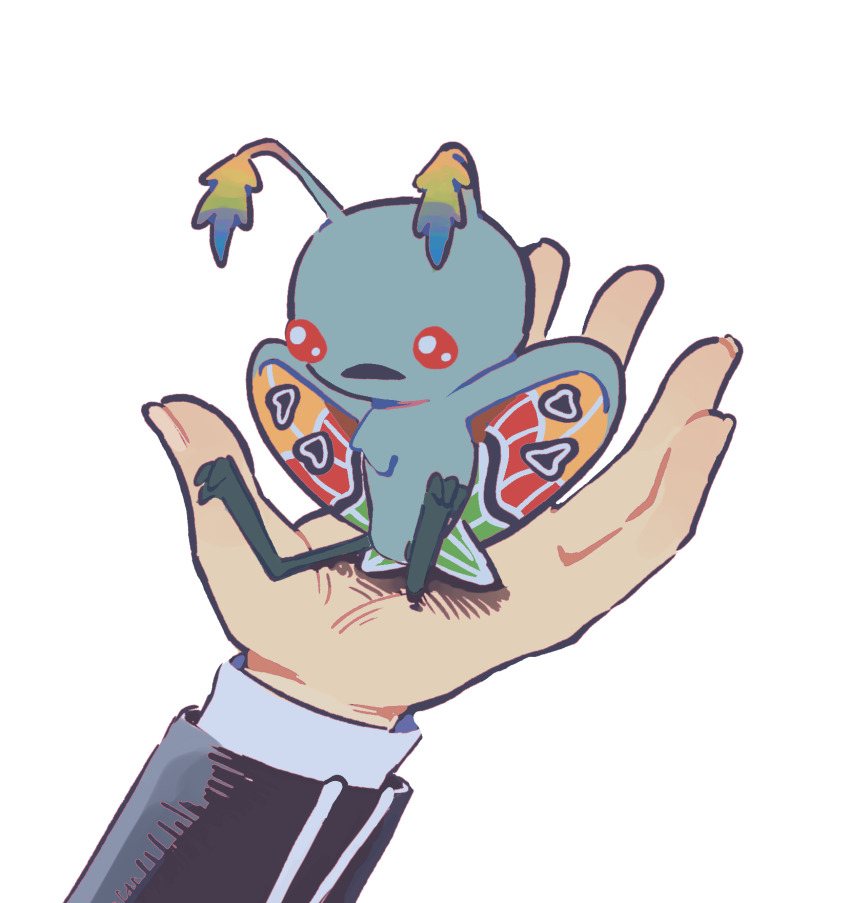 1other antennae commentary creature creature_focus creature_on_hand demon_(megami_tensei) english_commentary gekkoukan_high_school_uniform highres insect_wings mangohcake monster mothman_(megami_tensei) persona persona_3 school_uniform simple_background sitting white_background wings